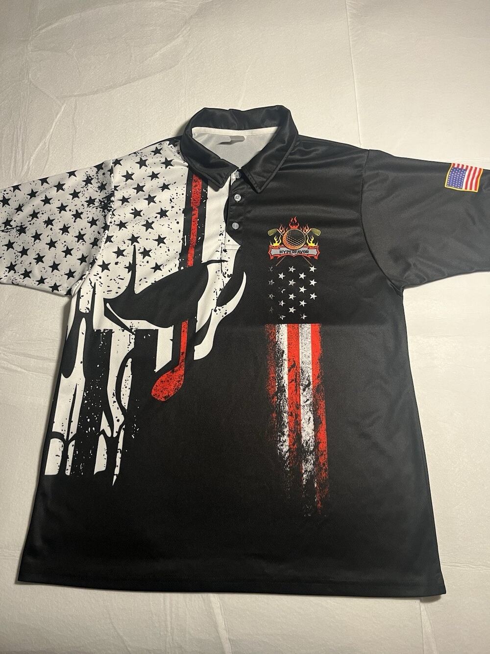 Hyperfavor Patriotic Golf Polo Men’s Large Skull American Flag Black Red USA